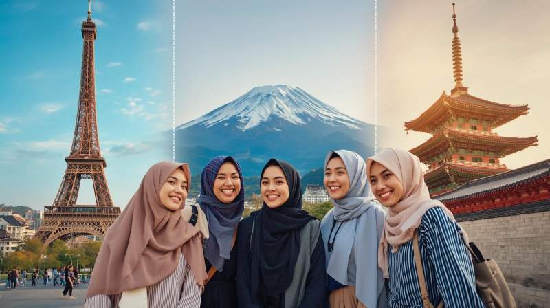 Wisatawan di depan landmark populer Jepang, Korea, dan Eropa.
