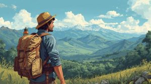 traveler ramah lingkungan membawa botol minum dan tas kain saat bepergian di alam bebas.