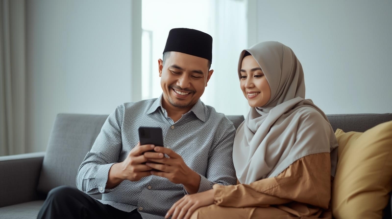 Pasangan muda Indonesia merasa tenang saat menyalurkan zakat secara online melalui LAZ Nasional terpercaya.