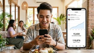 Food vlogger mengecek peningkatan interaksi media sosialnya setelah menerapkan strategi dari review BuzzerPanel.