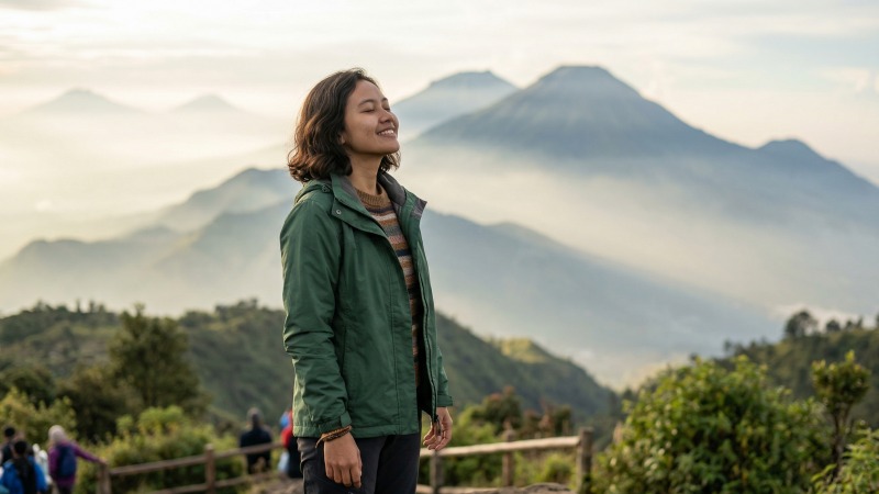 Menikmati udara pagi di pegunungan sebagai pilihan tempat wisata alam untuk healing dari kepenatan kota.