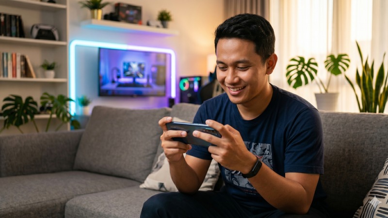 Pemain asyik bermain game setelah melakukan top up UC PUBG resmi dengan aman dari smartphone.