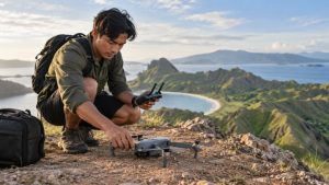 Pemula menyiapkan drone dan pengendali untuk dokumentasi lanskap wisata