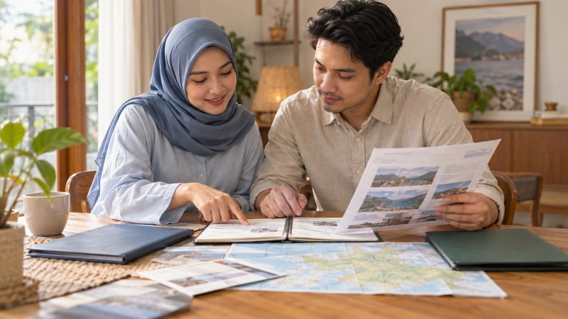 Dua pelancong memeriksa buku catatan dan lembar rencana perjalanan bersama di meja.