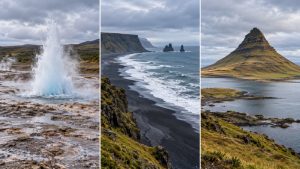 Kolase ilustrasi Golden Circle, South Coast, dan Snaefellsnes berupa geyser, pantai pasir hitam, dan gunung di pesisir.