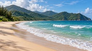 Ilustrasi pantai berpasir dengan ombak dan perbukitan hijau untuk pembahasan tempat wisata di Aceh Besar.