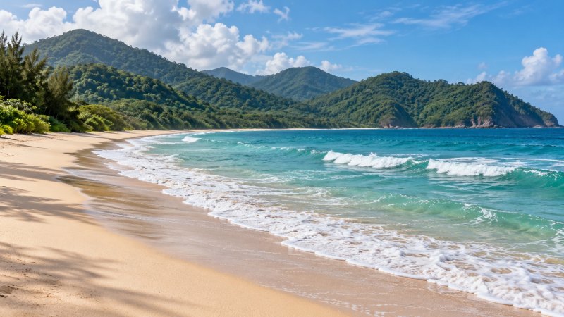 Ilustrasi pantai berpasir dengan ombak dan perbukitan hijau untuk pembahasan tempat wisata di Aceh Besar.