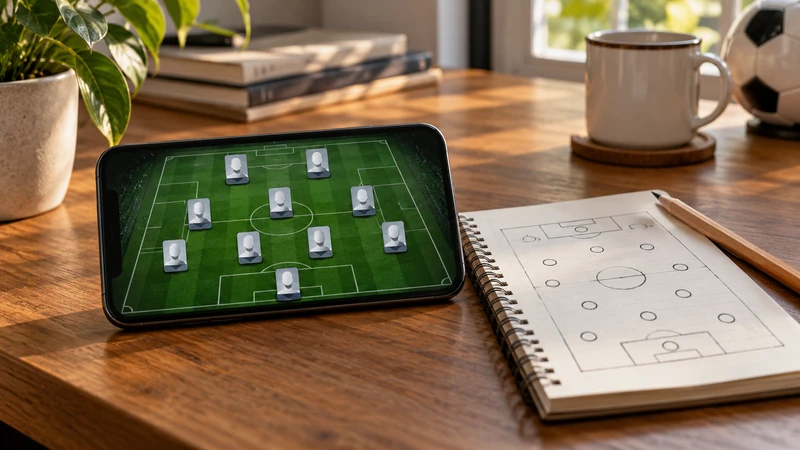 Ponsel dengan ilustrasi formasi sepak bola dan buku sketsa untuk merencanakan squad sebelum top up FC Mobile