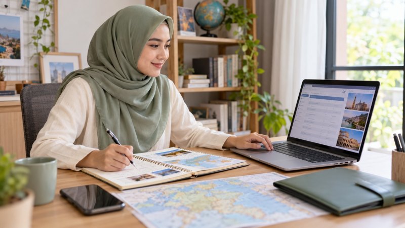 Wanita berhijab menyusun itinerary visa Schengen menggunakan laptop dan buku catatan perjalanan.